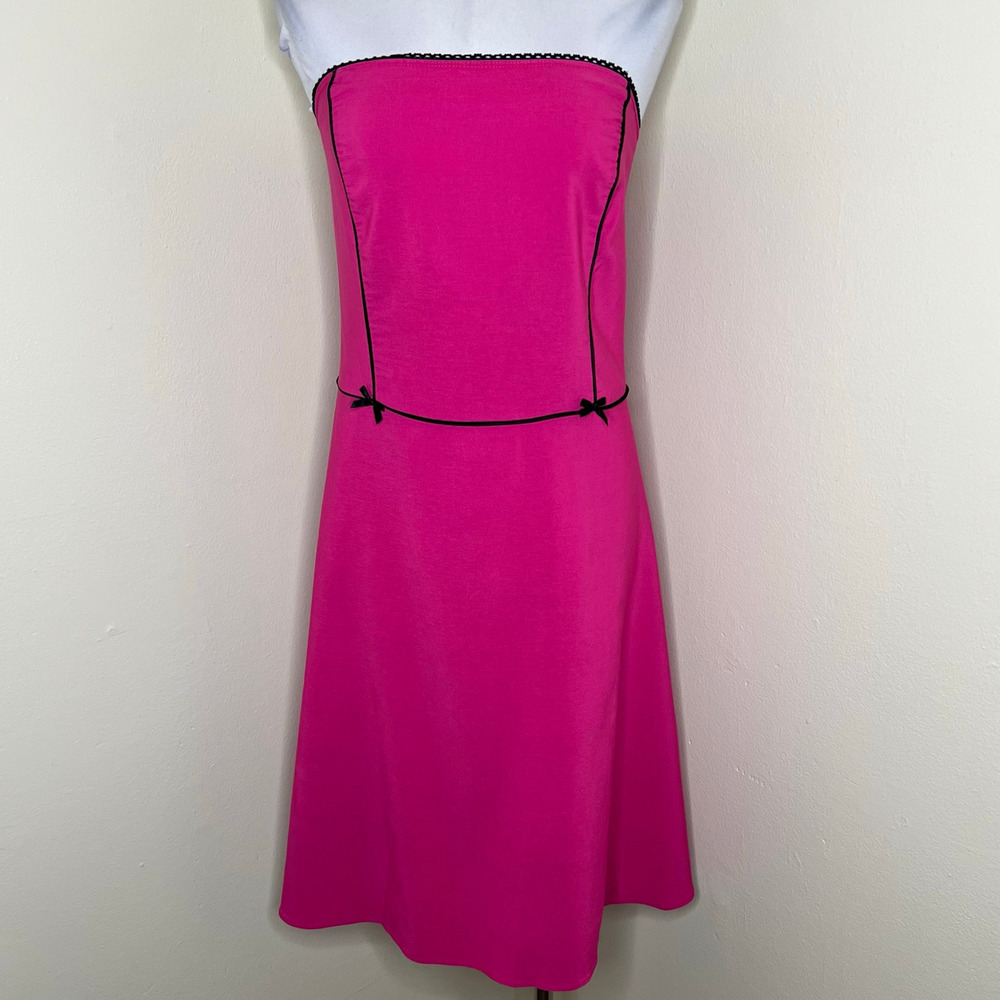 Vtg Torrid Dress 16 Pink Strapless A-Line Bow Knee Length Y2K Black Lace Trim